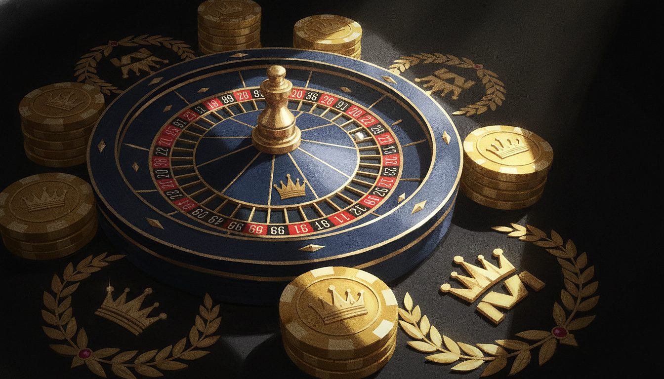 roulette wheel with gold chips, dramatic casino lighting